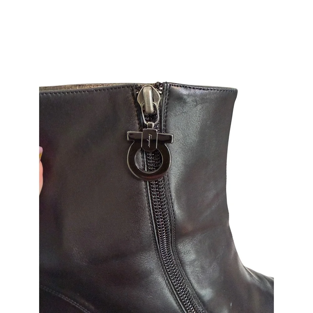 Salvatore Ferragamo Black Leather Gancini Ankle Boots Square Toe Block Heel 9.5